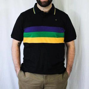 Mardi Gras Adult Short Sleeve Polo Shirt Black With Purple Green and Gold Chest